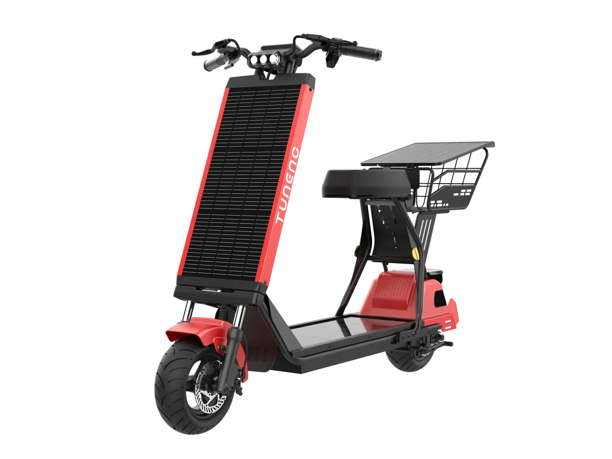 Laineng S108 Pro solar seated e-scooter in red, front quarter view