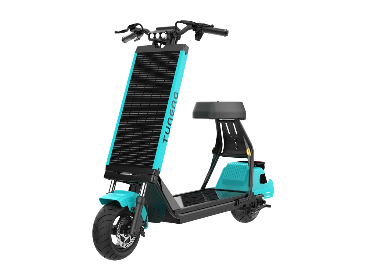 Laineng S108 solar seated e-scooter in teal, front quarter view