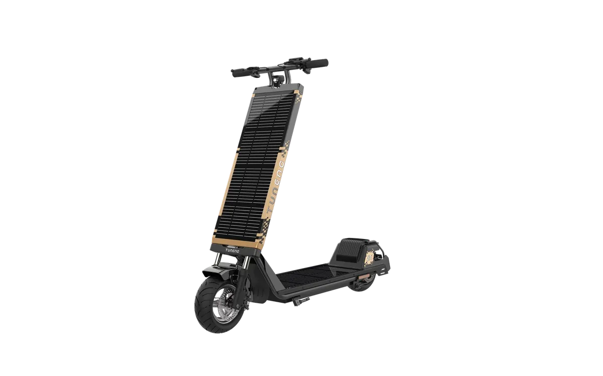 Laineng S109 solar standing e-scooter in gold and black, front quarter view