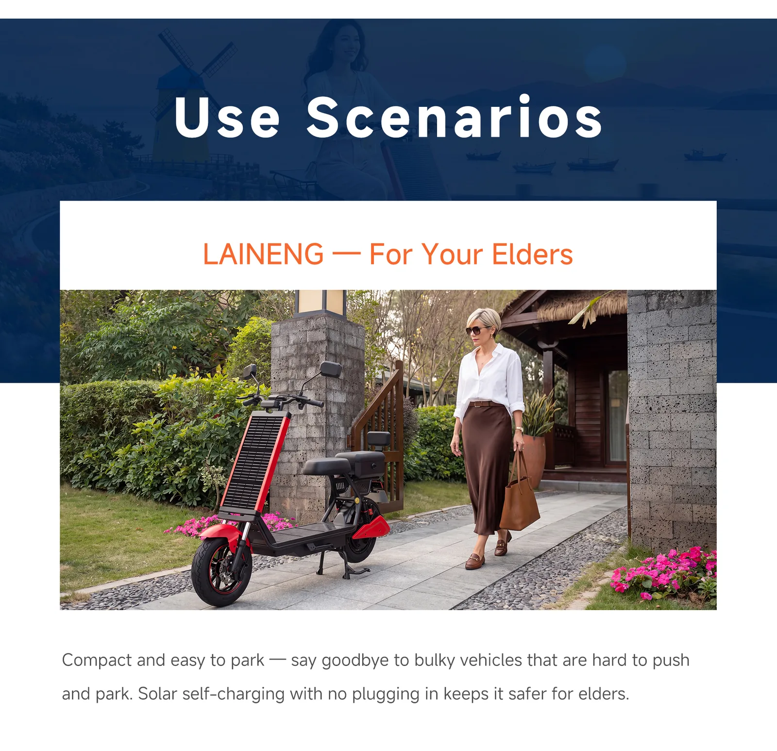 Laineng L101 solar e-moped in a garden courtyard - easy everyday mobility for elders