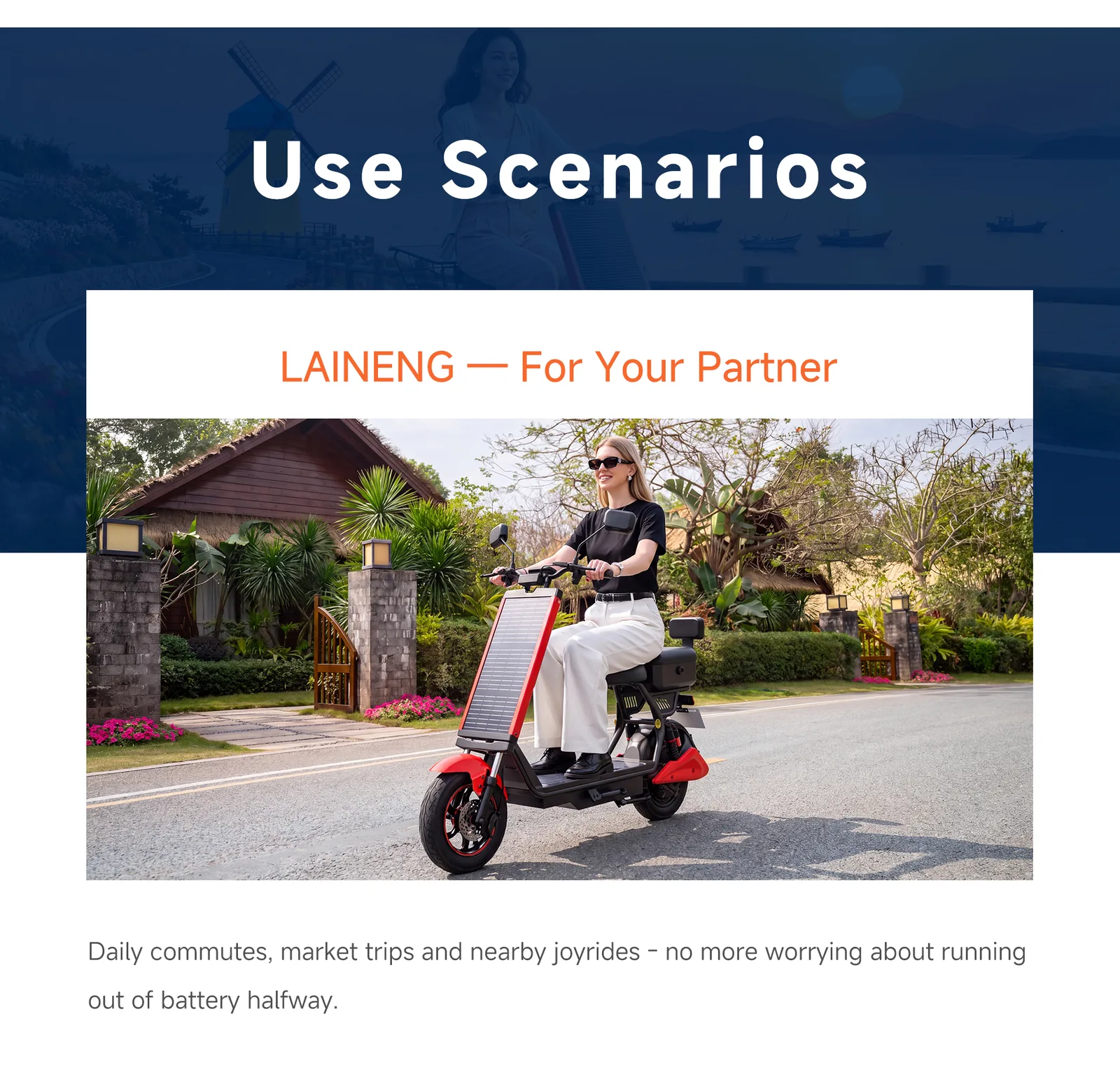 Riding the Laineng L101 solar e-moped on a residential street - daily commuting