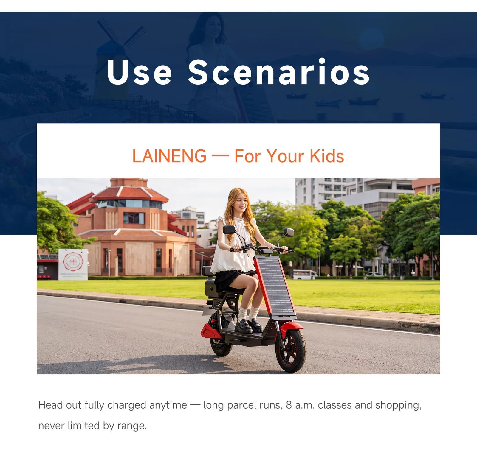 A young rider on the Laineng L101 solar e-moped on a sunny city street