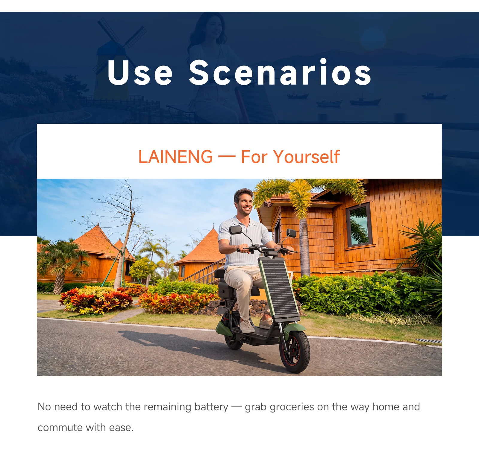 Enjoying the Laineng L101 solar e-moped at a tropical resort