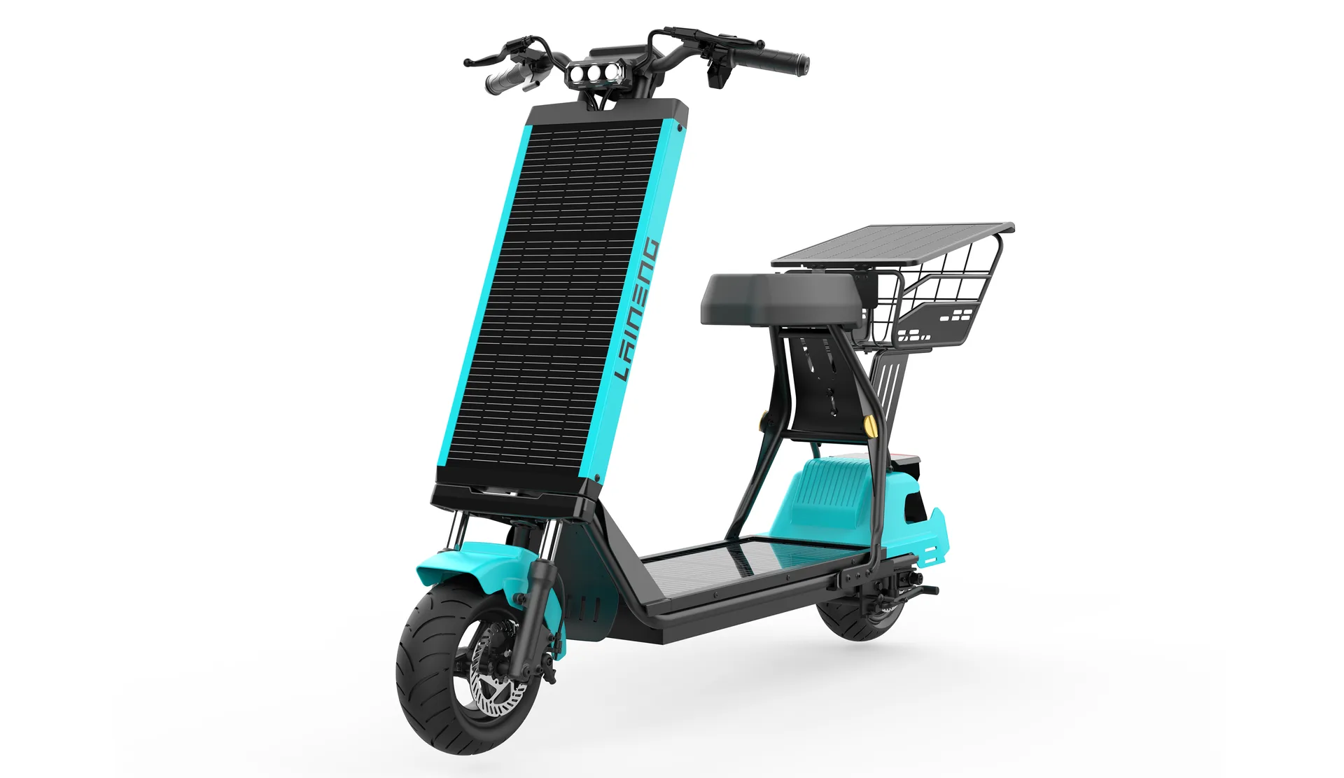 Laineng S108 Pro solar saddle scooter in cyan