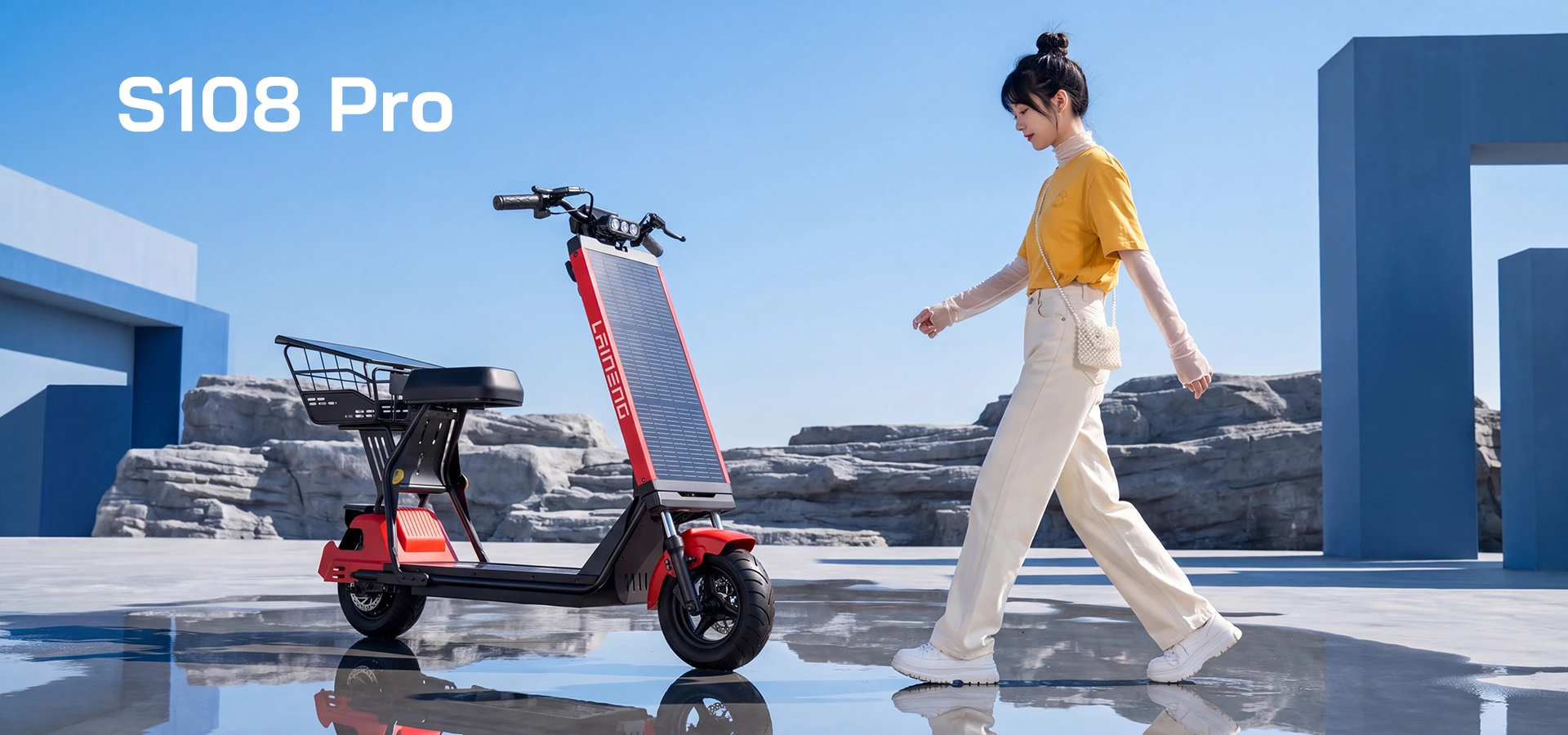 Laineng S108 Pro solar saddle scooter with a rider walking in a modern city plaza