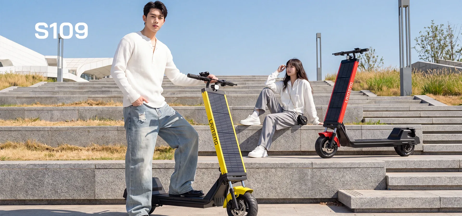 Laineng S109 solar e-scooter and its rider standing in a modern city plaza